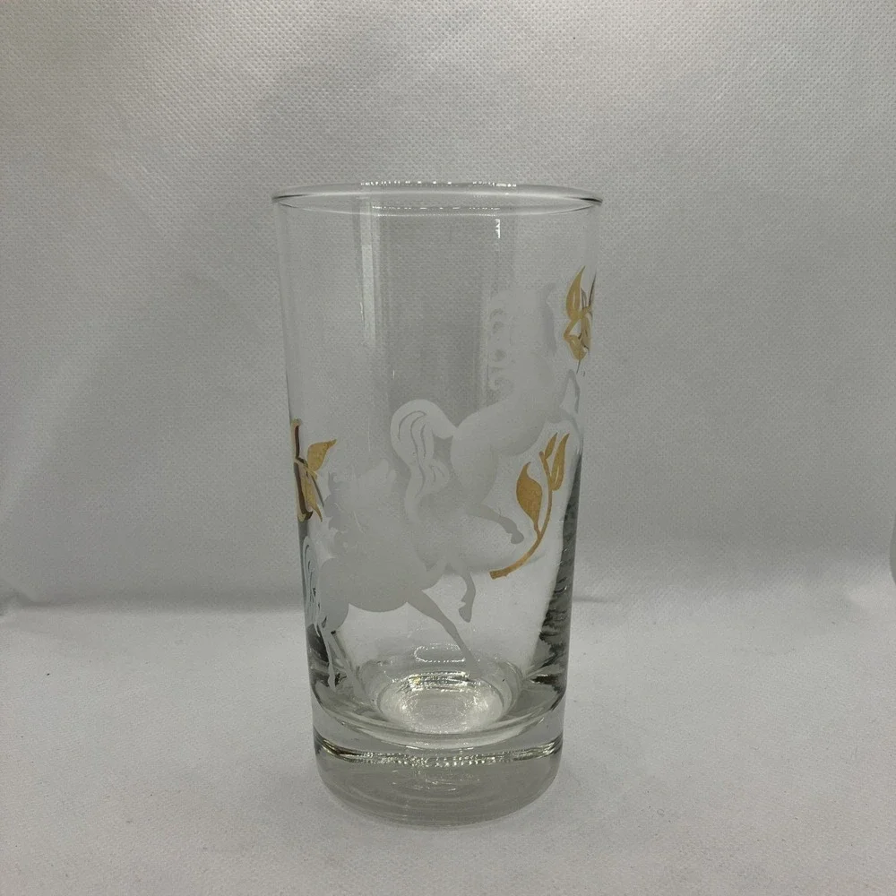 Vintage MCM Libbey Prancing Colts Frosted Highball Glass Set of 8 Barware Gold